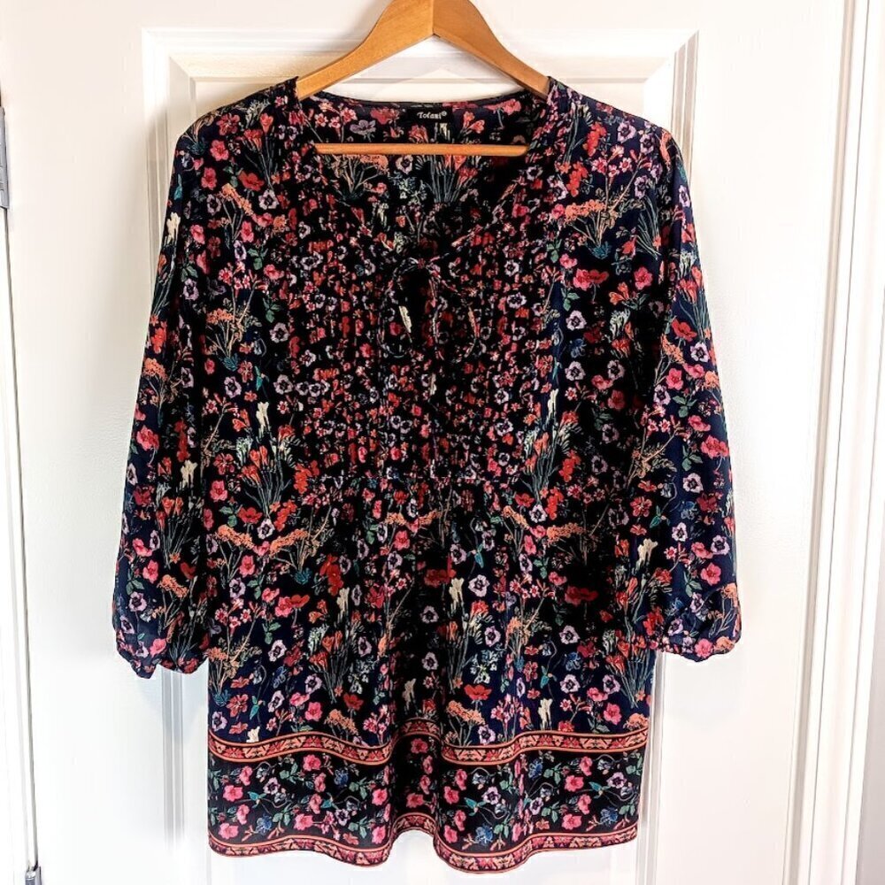 Tolani Multicolor Floral Silk Pleat Front Tunic Top